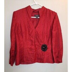 Dressbarn Red Dressy Top Black Beaded Medallion 70% Rayon Mandarin Collar Sz 8